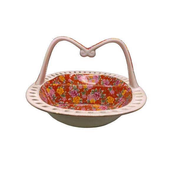 Jay & Sons Ceramic Basket Divided  w/ Handle Red White Floral Gold Rim - Picture 11 of 15